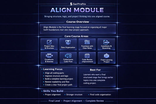 Screen displaying the Swifttraffix Align Module course overview with various course areas and learning focus.