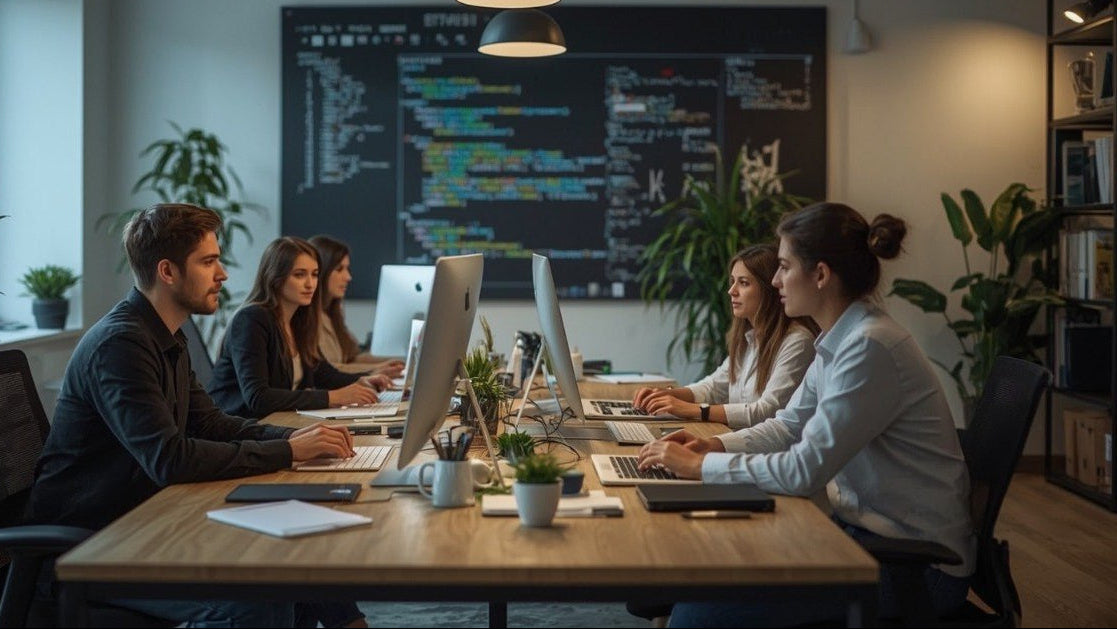 Group of people working on computers in a modern office setting with plants and a large screen displaying code.