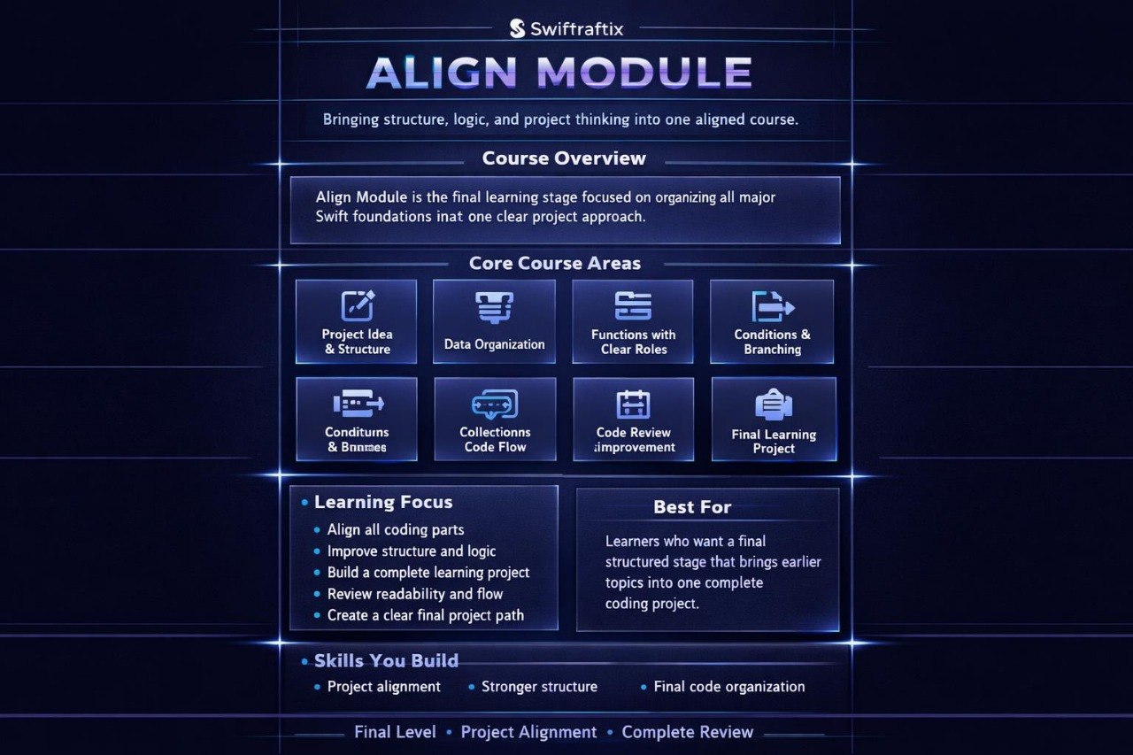 Screen displaying the Swifttraffix Align Module course overview with various course areas and learning focus.