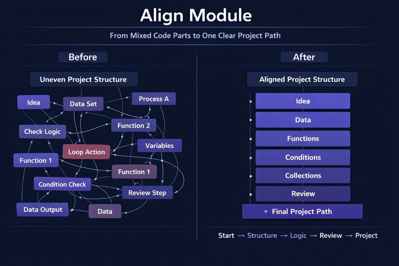 Diagram showing the alignment of project structure before and after using an 'Align Module' with labeled components.