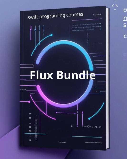 Book titled 'Flux Bundle' for Swift programming courses on a blue background