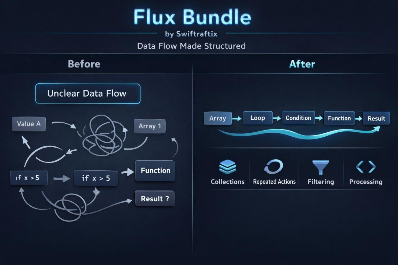 Comparison of unclear data flow before and structured data flow after using Flux Bundle by Swiftfixtix.