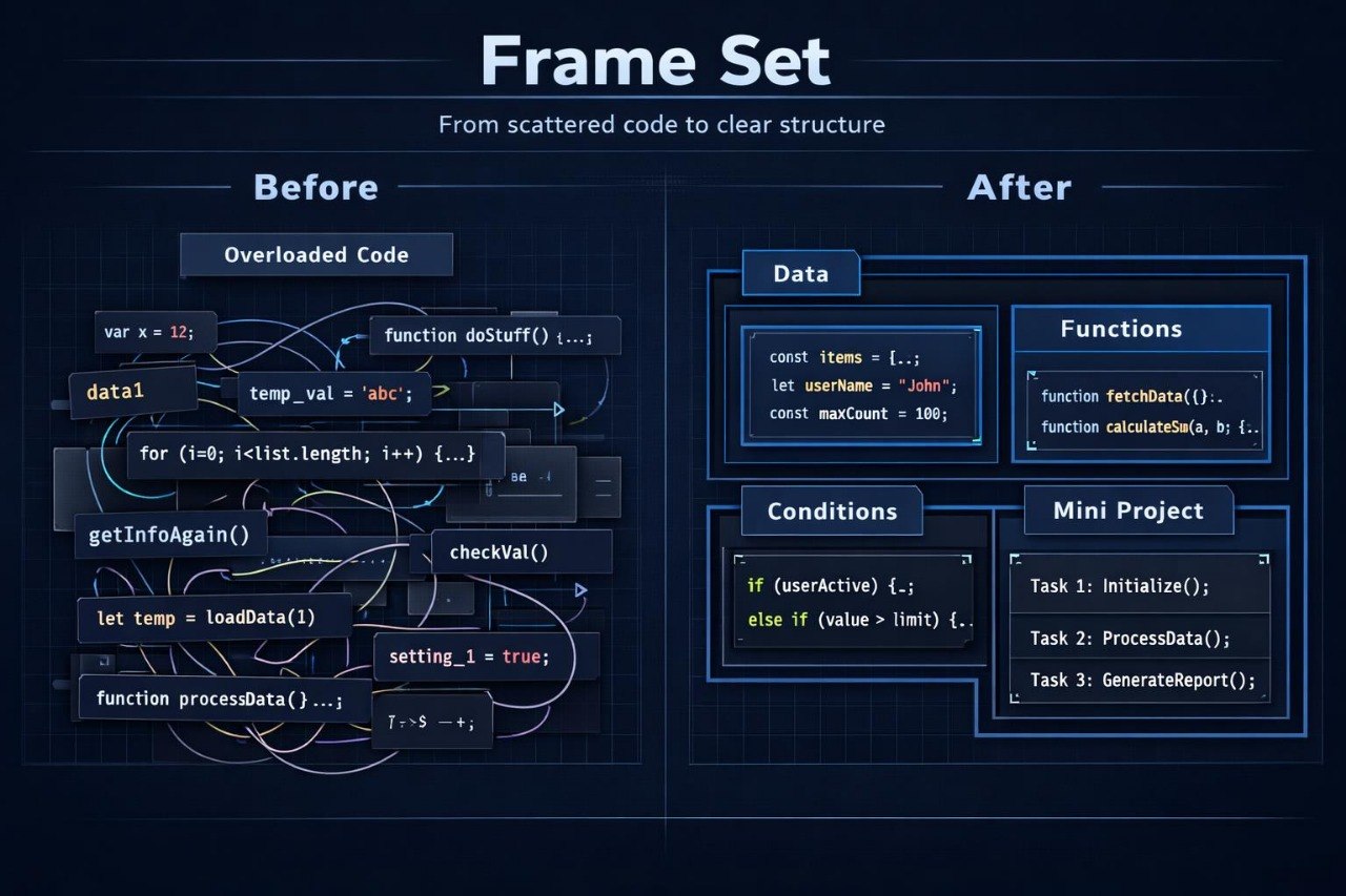 Comparison of scattered code to clear structure with labeled components on a dark background