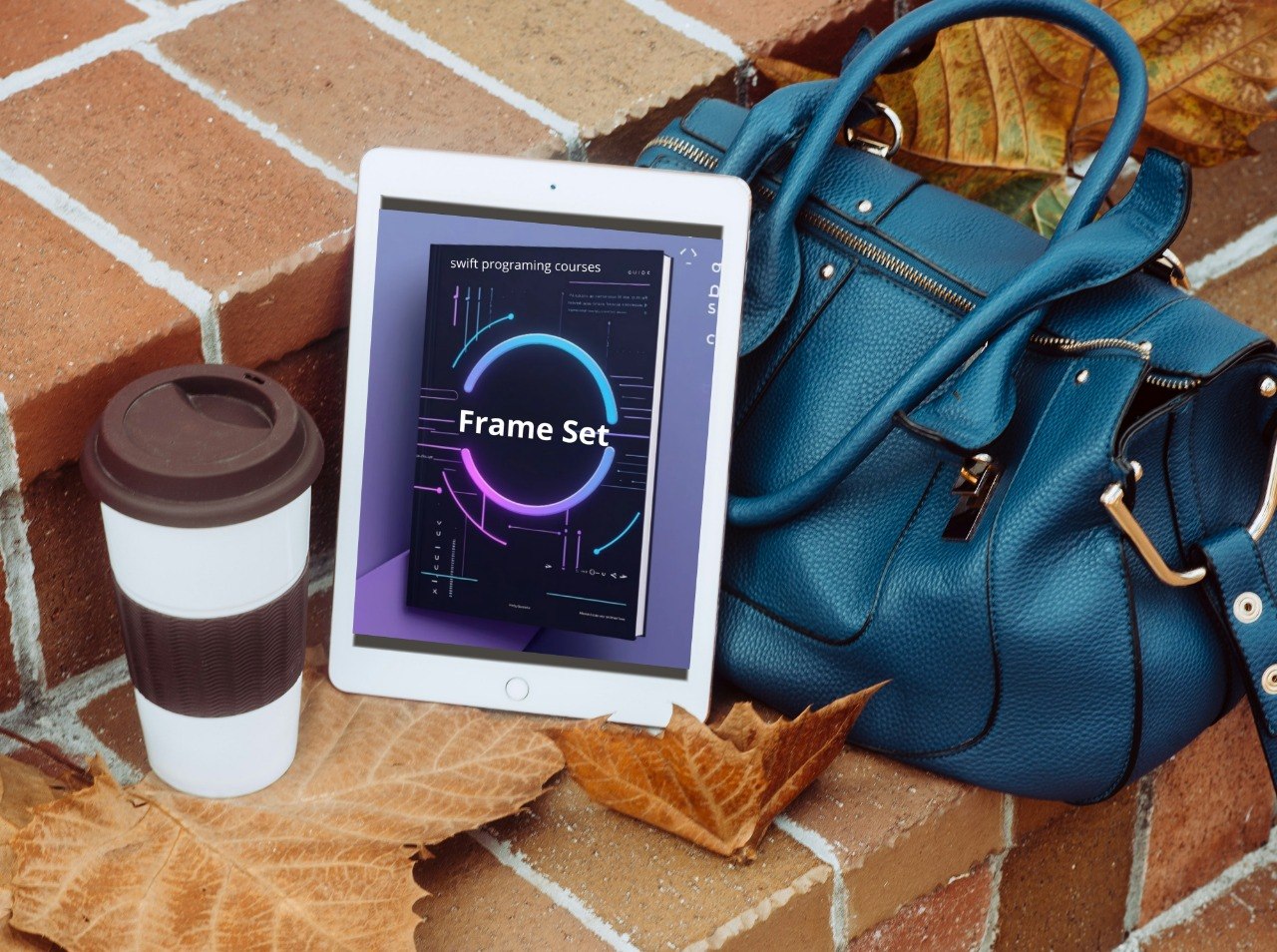 Blue handbag, tablet displaying a course interface, and coffee cup on a brick surface with leaves.