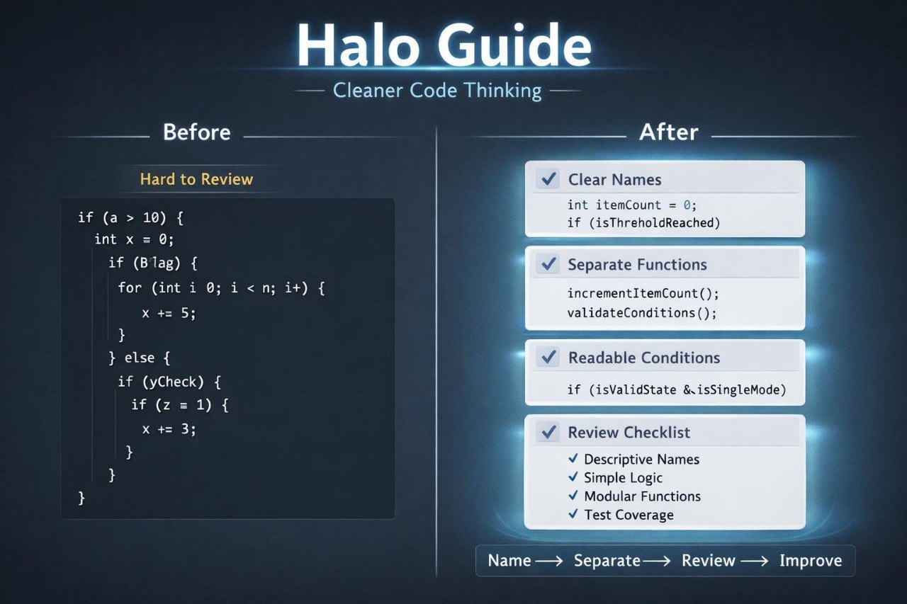 Comparison of code before and after cleaning with 'Halo Guide' principles.