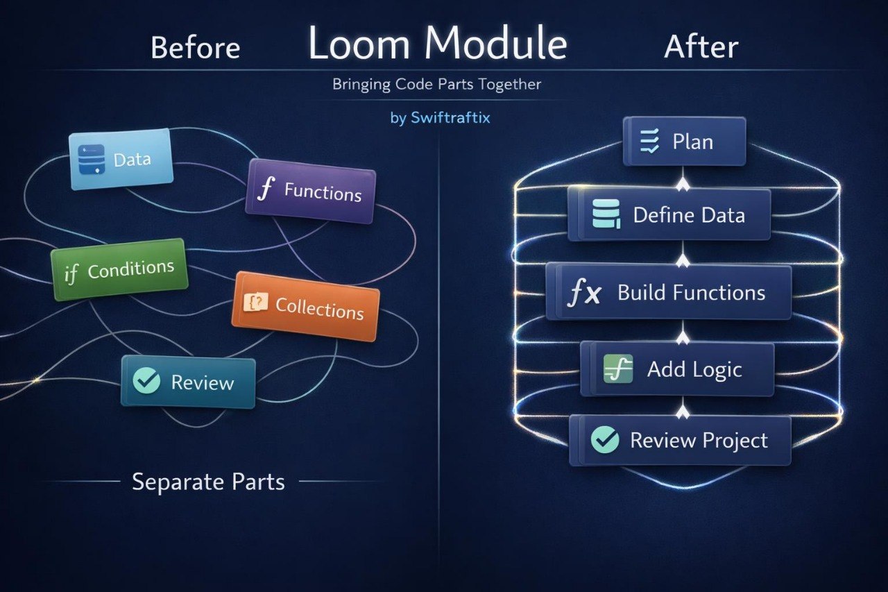 Diagram showing the process of bringing code parts together using Swifttrafx Loom Module on a dark blue background.