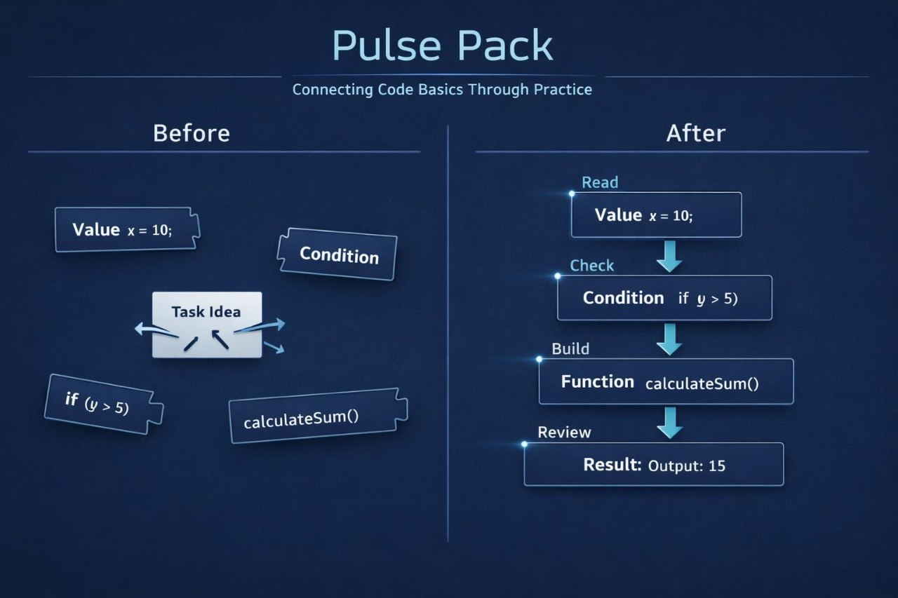 Diagram showing code basics before and after using 'Pulse Pack' on a dark blue background.