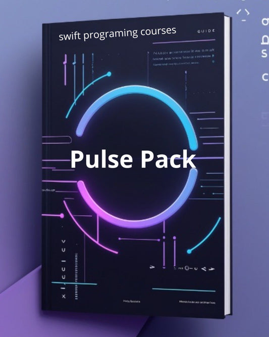 Book titled 'Pulse Pack' for Swift programming courses on a blue background