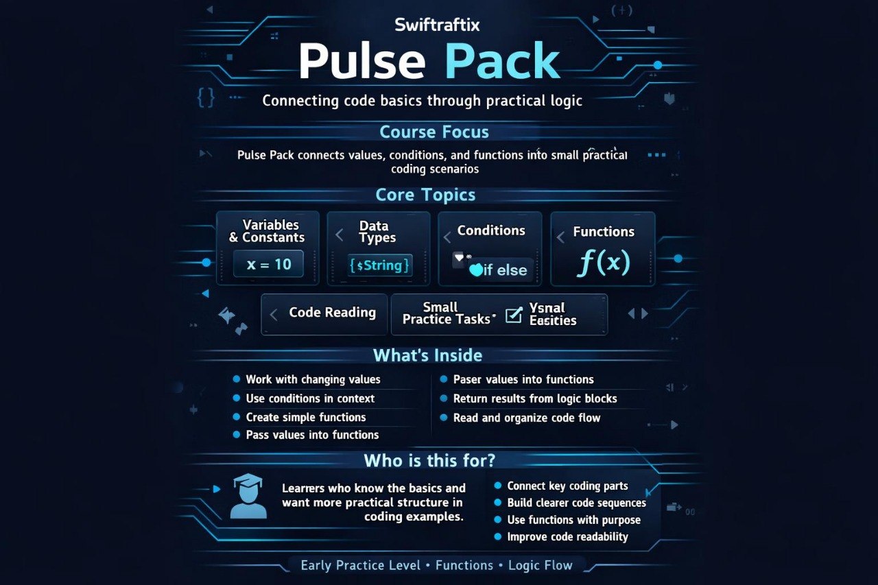 Swiftrafix Pulse Pack course description on a dark background with blue text and icons.