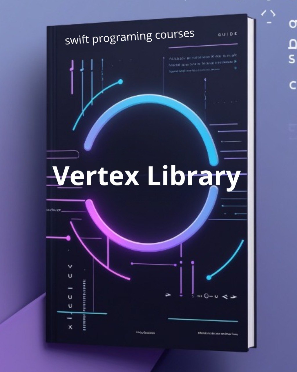 Book titled 'Vertex Library' for Swift programming courses on a blue background