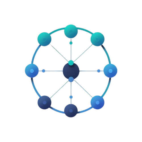 Geometric design with interconnected blue and teal circles on a white background