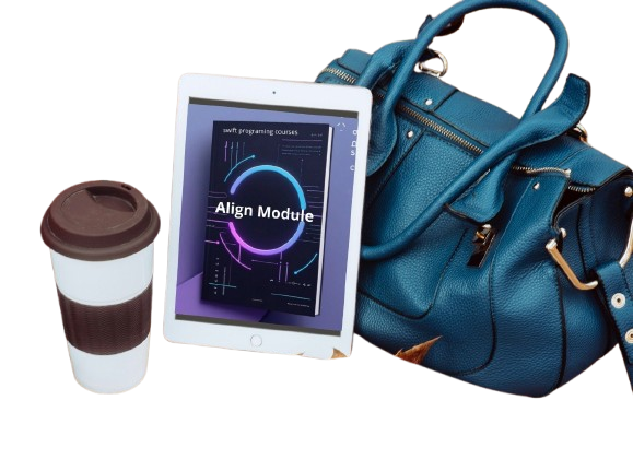 Blue handbag, tablet, and coffee cup on a white background