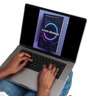 Person using a laptop with a screen displaying 'Loom Module' on a white background